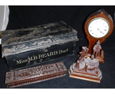 A collection of various boxes including a parquetry work puzzle box, Black Forest type pen box, rosewood and inlaid jewellery