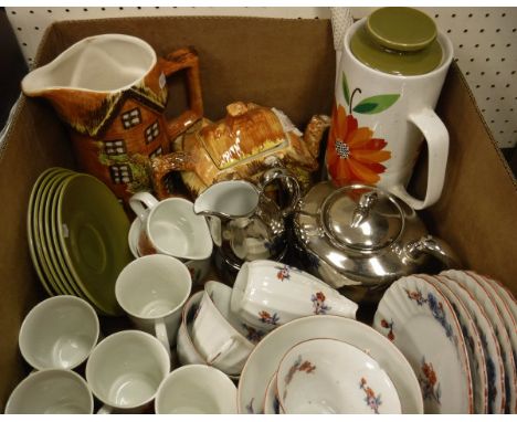 A box of various china wares to include J G Meakin floral decorated coffee set, Price Kensington Cottage ware, Royal Worceste