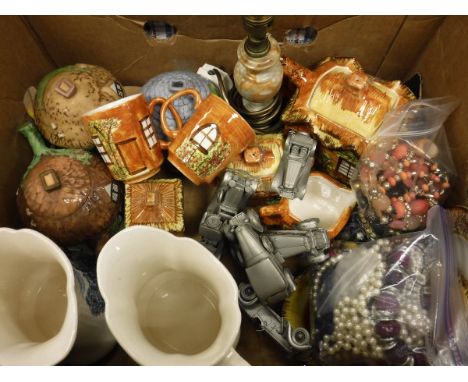 A box of china wares to include Price Kensingtn Cottage ware teaset, various other cottage items and jugs, five modern pewter