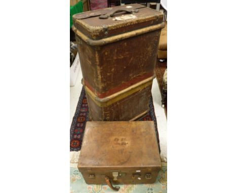 A leather Army and Navy hat box together with a canvas wood bound trunk