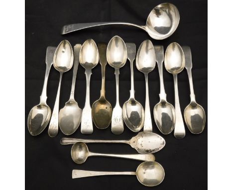 A collection of fourteen assorted silver spoons, predominantly tea spoons, together with a George III silver sauce ladle (by 