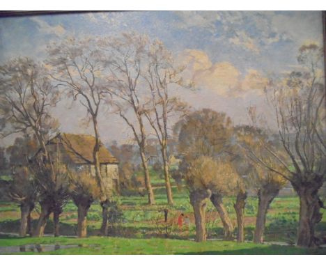 EDWARD JAMES BUTTAR "Children playing in a garden with stone building in background", oil on canvas, monogrammed lower right 