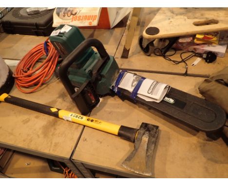 Qualcast electric chainsaw with instructions and lean and workzone axe  CONDITION REPORT: All electrical items in this lot ha