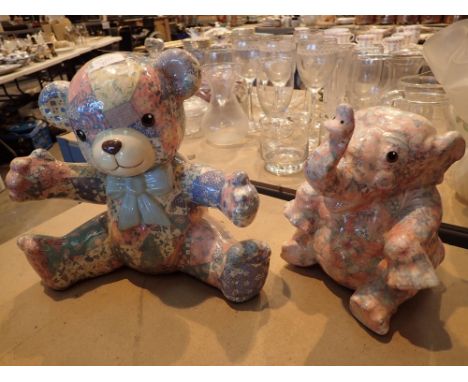 Ceramic teddy bear patchwork design and ceramic elephant 