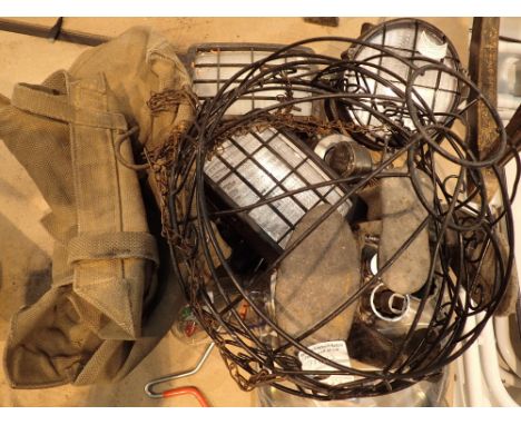 Two cobblers lasts three spotlights and two hanging baskets fishing reel and canvas tool bag 