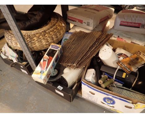 Three boxes containing household electricals garden and household tools 