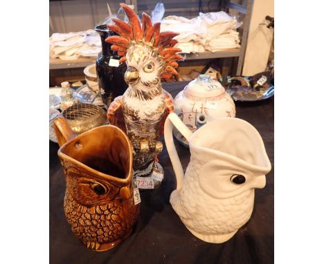 Italian ceramic cockatoo with a pair of owl jugs 