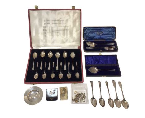 Group of silver, including a group of Georgian teaspoons, a small dish, a cased fork and spoon set, and a cased set of 12 sil