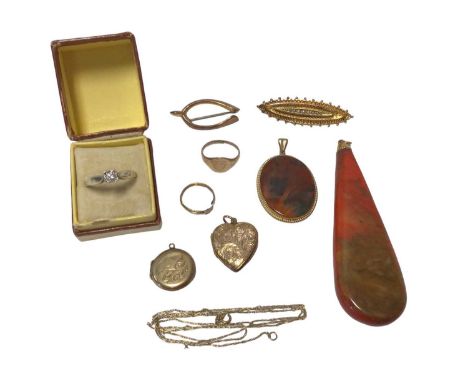 Group of gold jewellery including an Edwardian 15ct gold seed pearl brooch, 9ct rose gold wish bone brooch, moss agate pendan