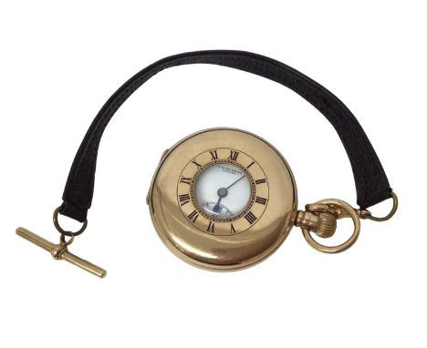 9ct gold cased half hunter pocket watch, J.W. Benson, Birmingham 1928, with 9ct mounted leather chainWatch weighs 94.8 grams.