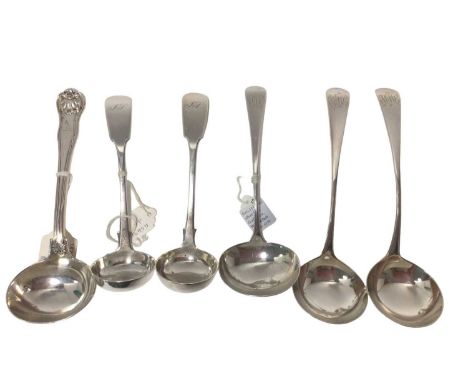 Group of six silver sauce ladles, including a pair of fiddle pattern ladles (Edinburgh 1836 and 1838), a Willliam IV fiddle, 