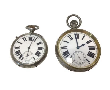 Longines pocket watch with white enamel dial, large Roman numerals and subsidiary seconds dial in a plated case, 5.5cm diamet