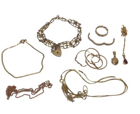 Group of 9ct gold jewellery, including chains, rings, locket and a padlock bracelet, together with a yellow metal broken ring