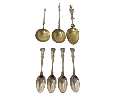 Two heavy Victorian silver gilt Renaissance-style spoons, London 1876, together with a continental silver gilt spoon, and a s