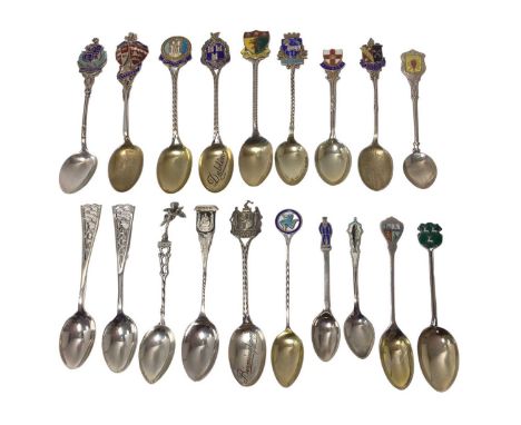 Group of silver and enamel souvenir spoons, 7.6oz total