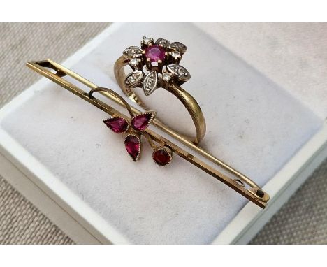 9ct Gold, Ruby &amp; Diamond Dress Ring + a 9ct Gold &amp; Ruby Pin Brooch - 3.55g combined, ring size O+0.5