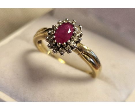 9ct Gold, Diamond &amp; Ruby Dress Ring, size P+0.5 &amp; 2.95g