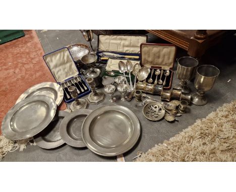 Large Group of Silver Plated Tea and Dinner Wares plus Antique Pewter