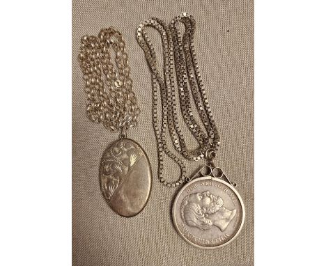 Silver (Sterling 925) Pair of Coin &amp; Locket Necklaces - 69.6g combined