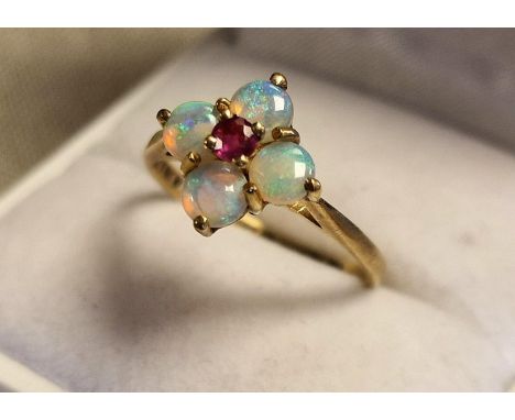 9ct Gold, Opal &amp; Ruby Cluster Dress Ring, 2.5g &amp; size O+0.5