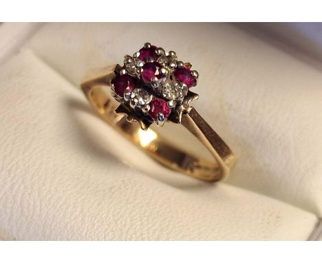 9ct Gold, Ruby &amp; Diamond Cluster Ring, size M+0.5 &amp; 2.75g