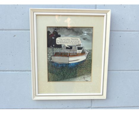 RONALD 'CARL' GILES O.B.E (British 1916-1995) A pen, ink and gouache cartoon sketch depicting a boat moored above water with 