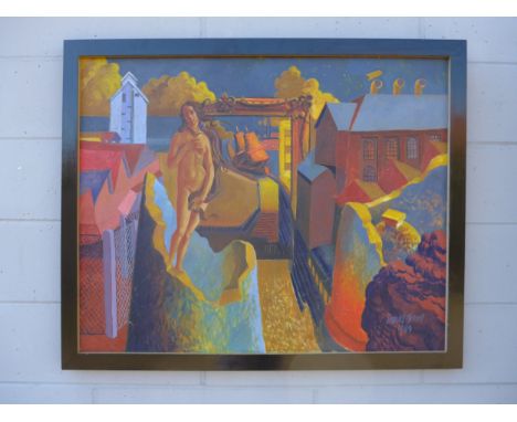 DAVID JONES (Contemporary Norwich artist) A framed oil on canvas, female nude and industrial buildings. Signed bottom right a