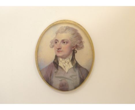 A 19th Century watercolour miniature on ivory oval panel depicting a portrait of a Gentleman, written verso 'John Fenton Cawt