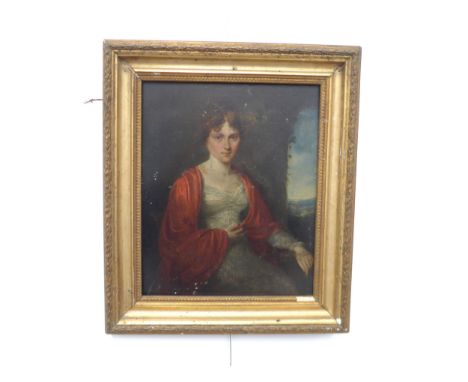 A c1830's oil on wooden board, portrait of a woman wearing a red shawl over a white dress, landscape beyond. Unsigned. Set in