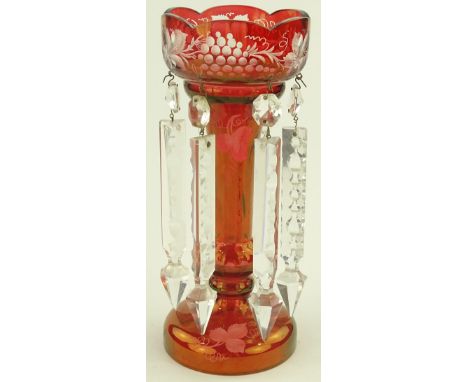 A Bohemian ruby overlay cut-glass table lustre with arrow head drops, height 25cm.