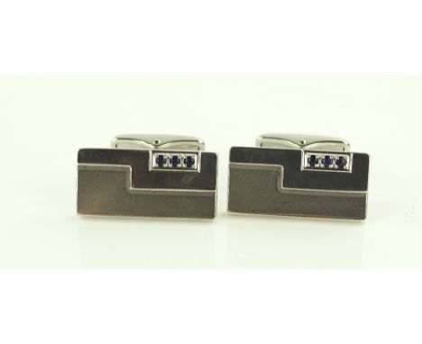 Pair of Dunhill silver and sapphire set cufflinks, panel length 22mm.