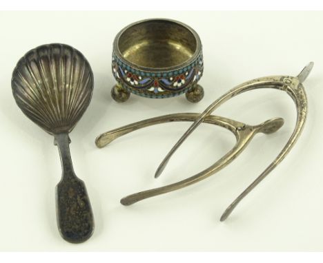 A small Russian silver and enamel salt, 2 pairs of silver wishbone sugar tongs and a caddy spoon with shell bowl, (4).