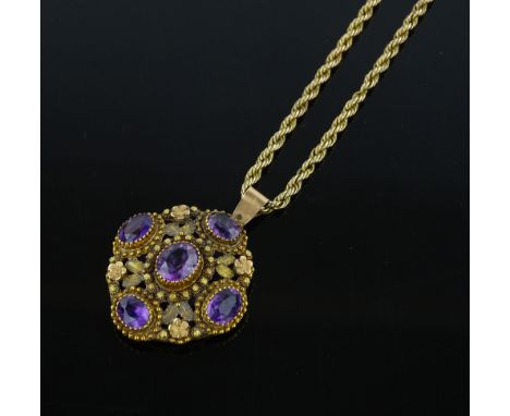 19th century unmarked gold amethyst set pendant and chain, pendant height excluding bale 27mm, 10.6g.
