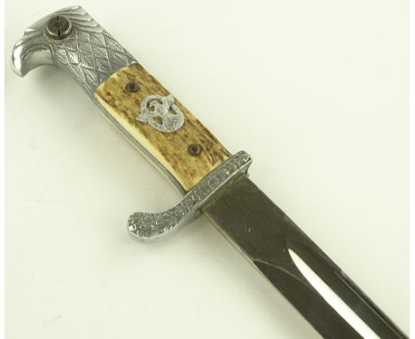 A German Third Reich Police parade bayonet, blade marked Eickhorn, blade length 32.5cm, nickel plate hilt with stag horn grip