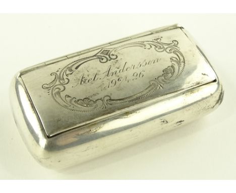 A 19th century Swedish silver snuff box, engraved hinged lid, length 8cm.