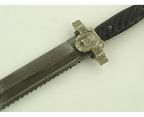 A German Third Reich red cross hewer dagger, nickel plate hilt with composition grips, serrated edge blade and original paint