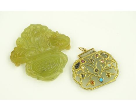 An Indian jade pendant with applied gold and gemstone set  bird decoration, width 42mm and a Chinese carved and pierced jade 