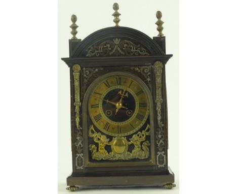 19th century continental domed top mantel clock, brass and silver inlaid case with 8-day striking movement, height 33cm.