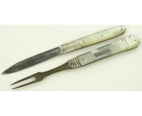 Victorian silver and carved mother of pearl pocket knife and fork, (not matching).
