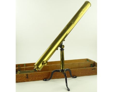 A Victorian brass telescope, by Lowdon of Reform Street, Dundee, length 98cm with spare lenses and original tripod, pine case