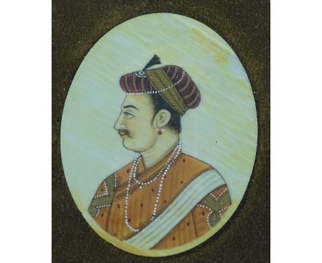 19th century Indian miniature watercolour portrait on ivory, oak framed, overall height 24cm.