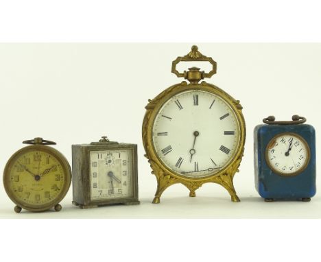A 19th century French ormolu drum cased travelling clock with pesche du bois feet, height including handle 16cm and 3 other t