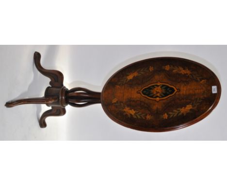 A small Victorian burr walnut tilt top occasional table with inlaid floral marquetry on carved tripod base, top length 24".