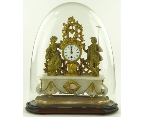 A 19th century gilt metal cased mantel clock, enamelled dial with 8-day movement under glass dome, overall height 53cm.