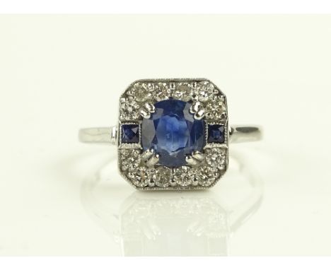 An 18ct white gold sapphire and diamond set Art Deco style panel ring, setting height 11mm, size N.