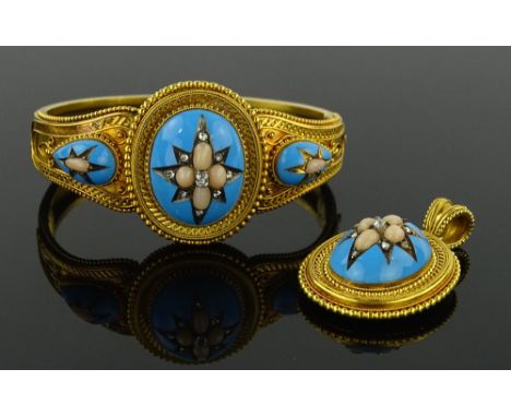 A fine quality 19th century unmarked gold hinged bangle and matching pendant, the bangle having a central domed turquoise ena