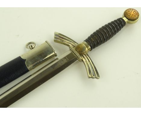 A German Third Reich Luftwaffe dagger, plated hilt with wire bound leather grips, original leather and plated scabbard, blade