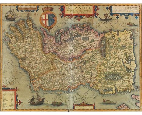 Abraham Ortelius    Irlandiae accurata descriptio. Kolorierter Kupferstich mit etwas Goldhöhung. Antwerpen, J. B. Vrients 160