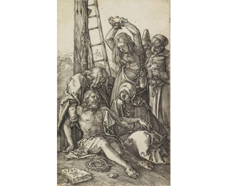 Albrecht Dürer    Beweinung. Orig.-Kupferstich. In der Platte monogrammiert und datiert. 1507. Auf Bütten mit Wasserzeichen O