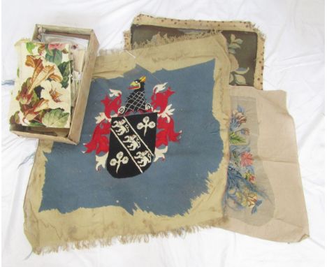 Various antique tapestry seat covers, one 54 x 45cms, one depicting roses , 50 x 38cms at widest part, a large tapestry of an